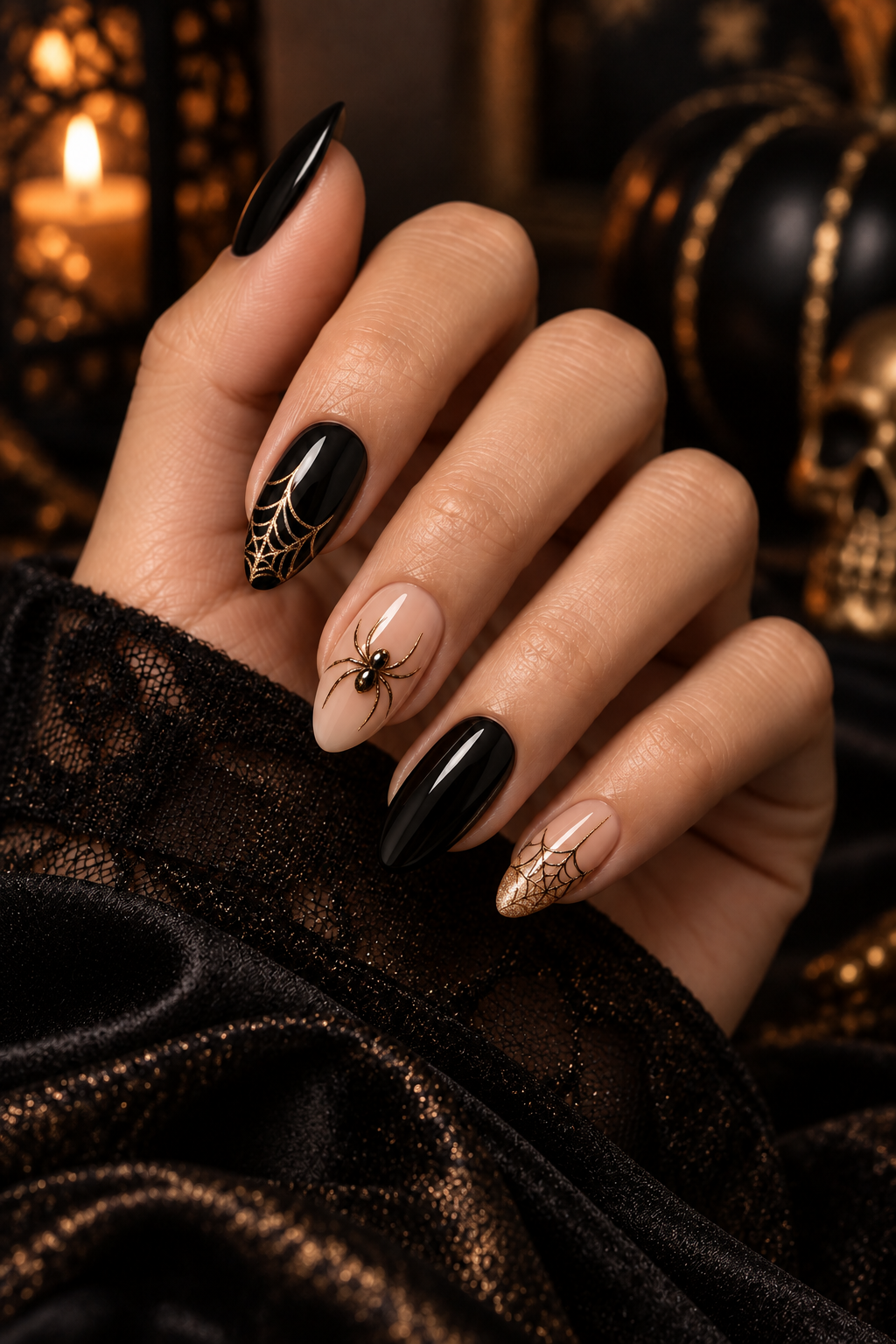 gold spider accents Halloween nails with spiders