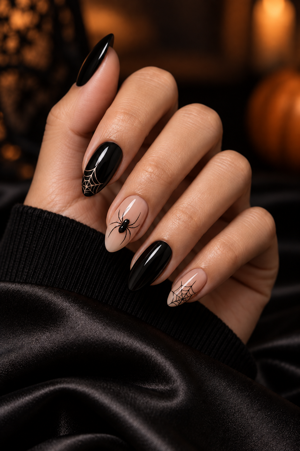 classic black spider silhouettes Halloween nails with spiders