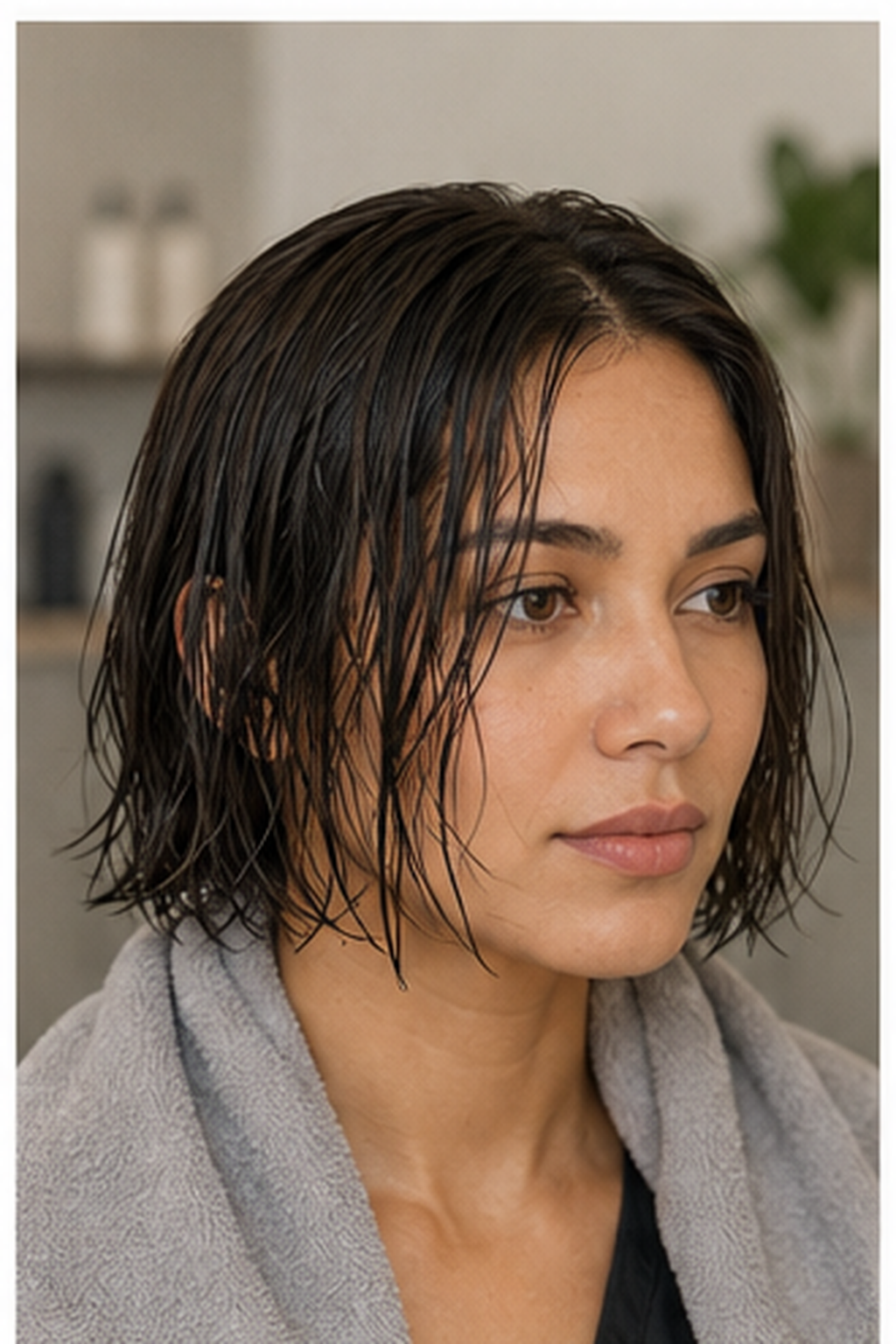 how to blow dry a bob: towel-dried bob prepared for styling