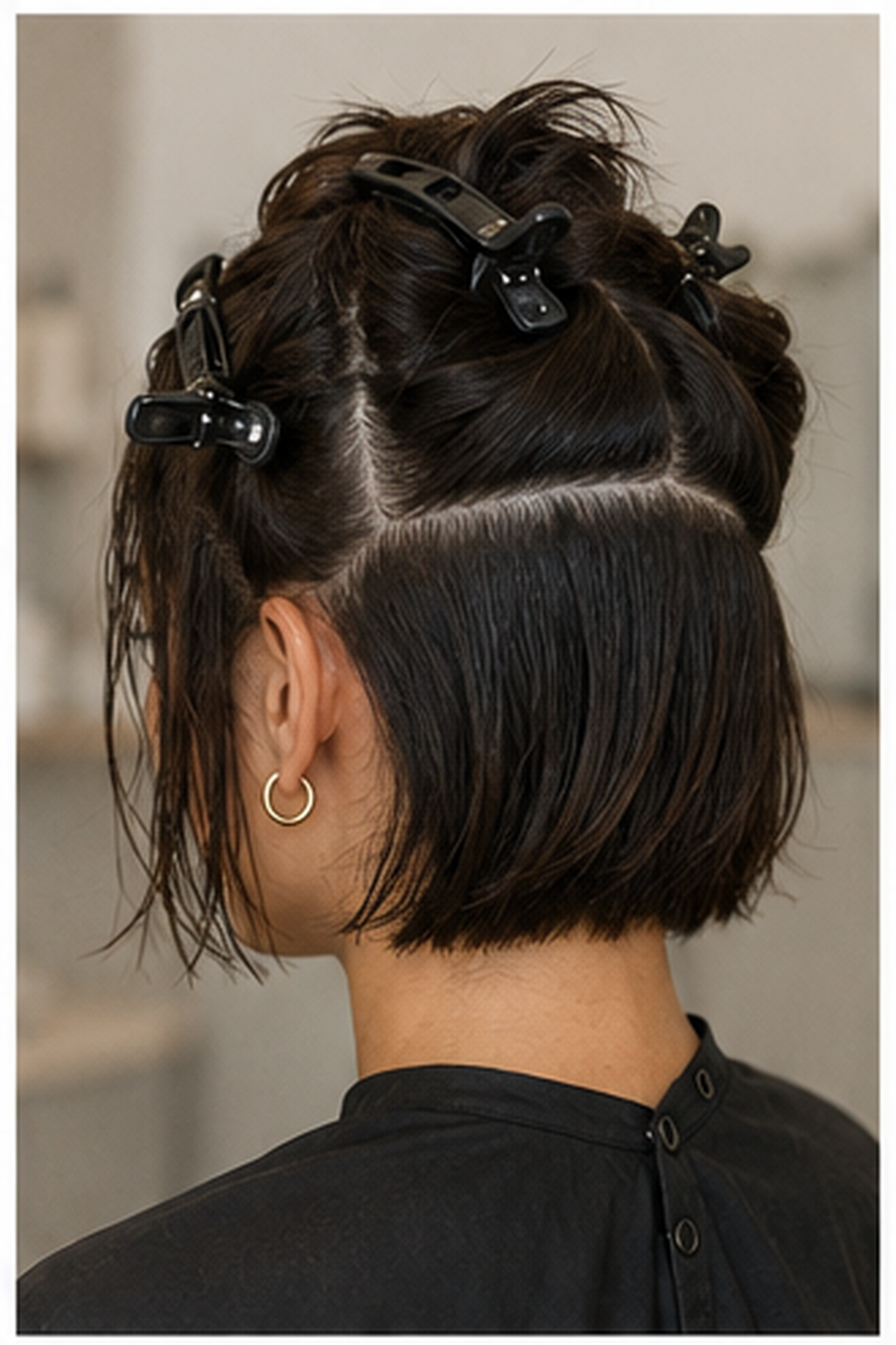 how to blow dry a bob: hair divided into clean clipped sections