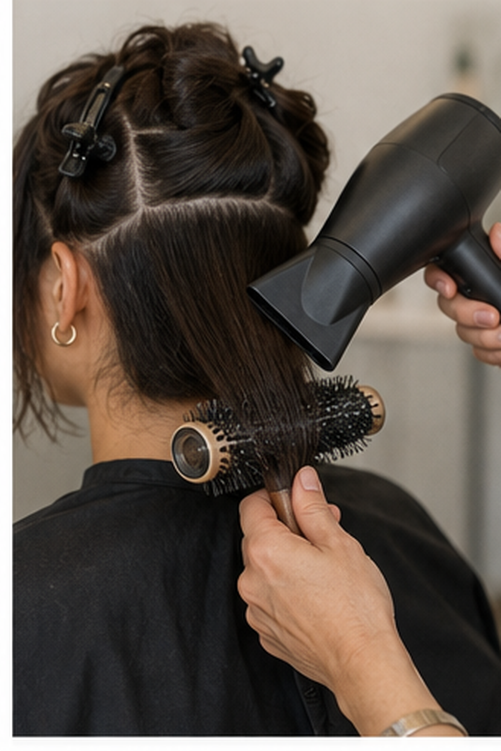 how to blow dry a bob: round brush and dryer positioned for controlled tension