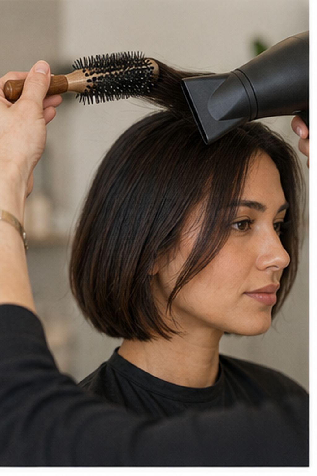 how to blow dry a bob: brush lifting a narrow bob section comfortably