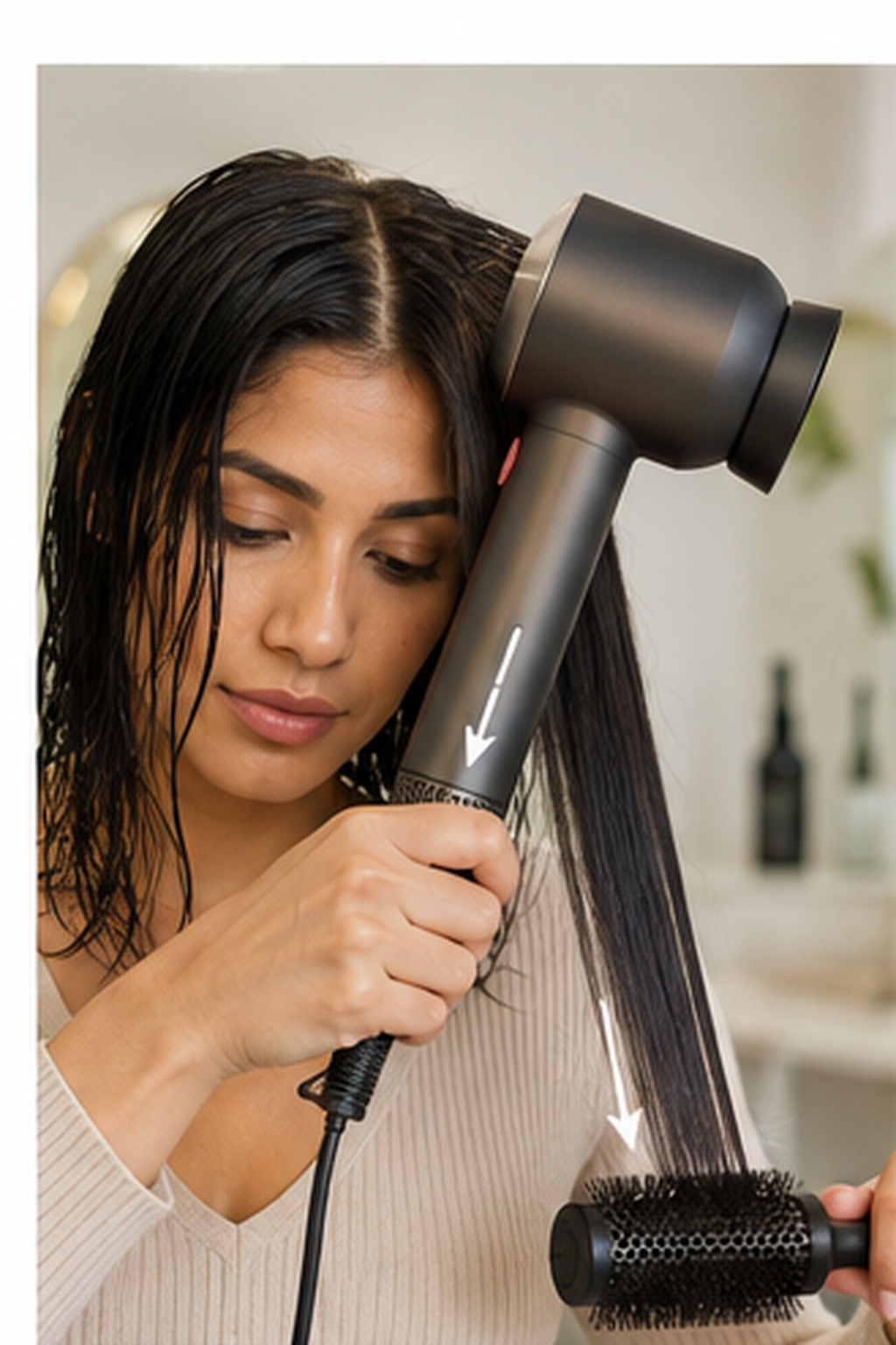 how to blow dry a bob: airflow aimed downward along the hair shaft