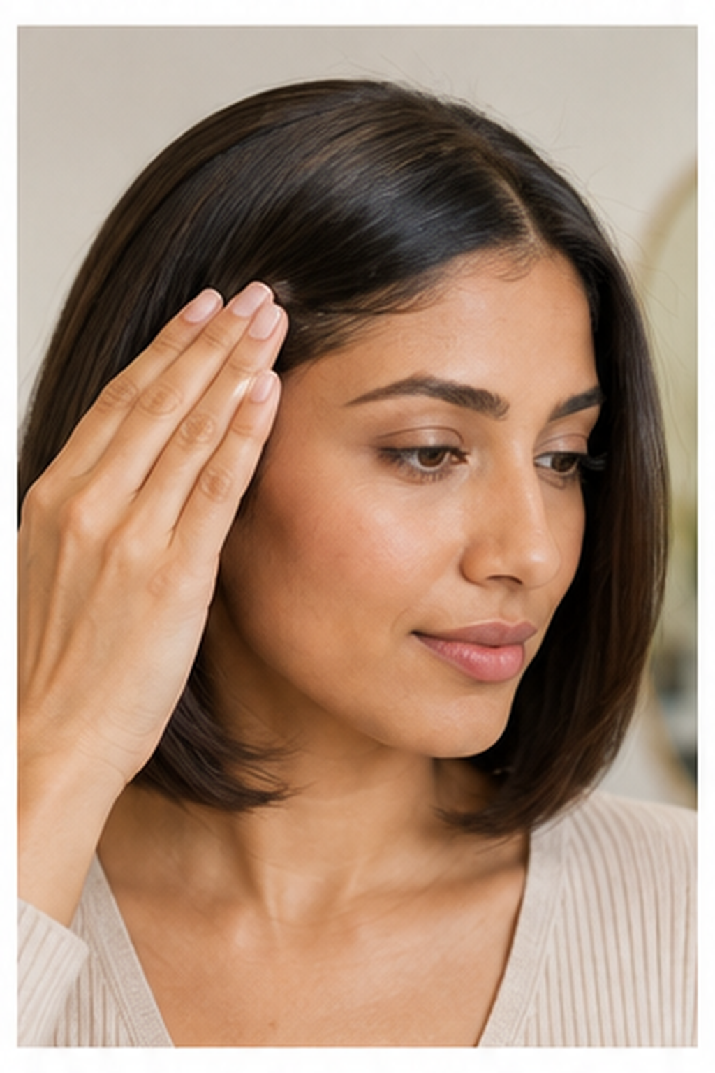 how to blow dry a bob: tiny amount of serum smoothed over flyaways