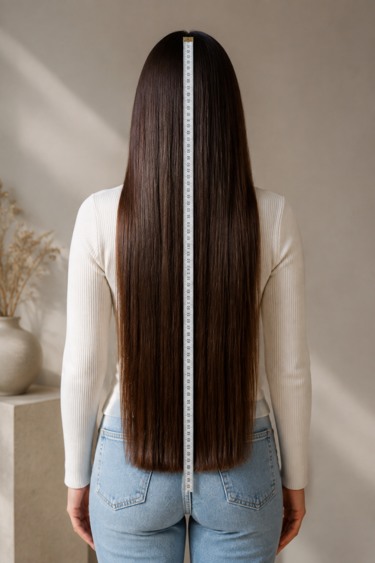 how to measure hair length: measuring tape aligned from the crown to the ends of straight hair