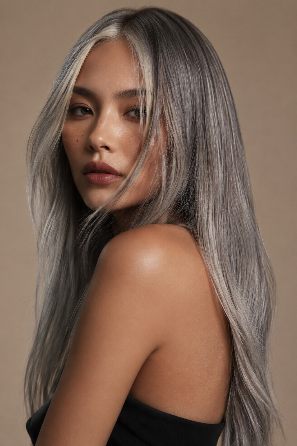 long silver straight hair looks — long salt-and-pepper hair