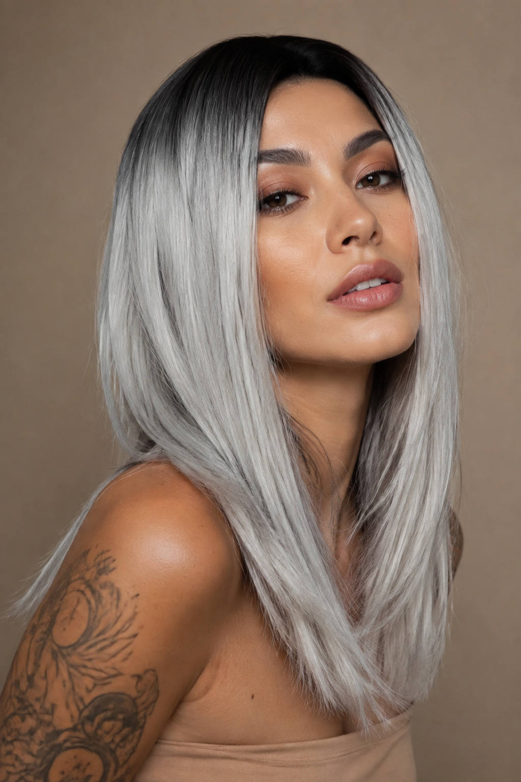 long silver straight hair looks — silver money piece on a dark base
