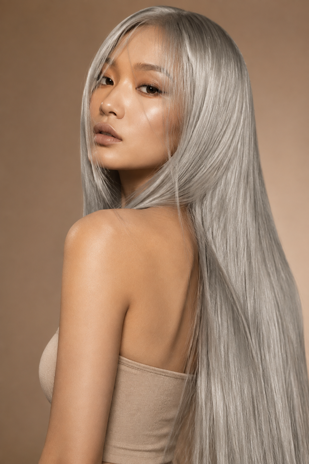 long silver straight hair looks — soft lavender-silver blend