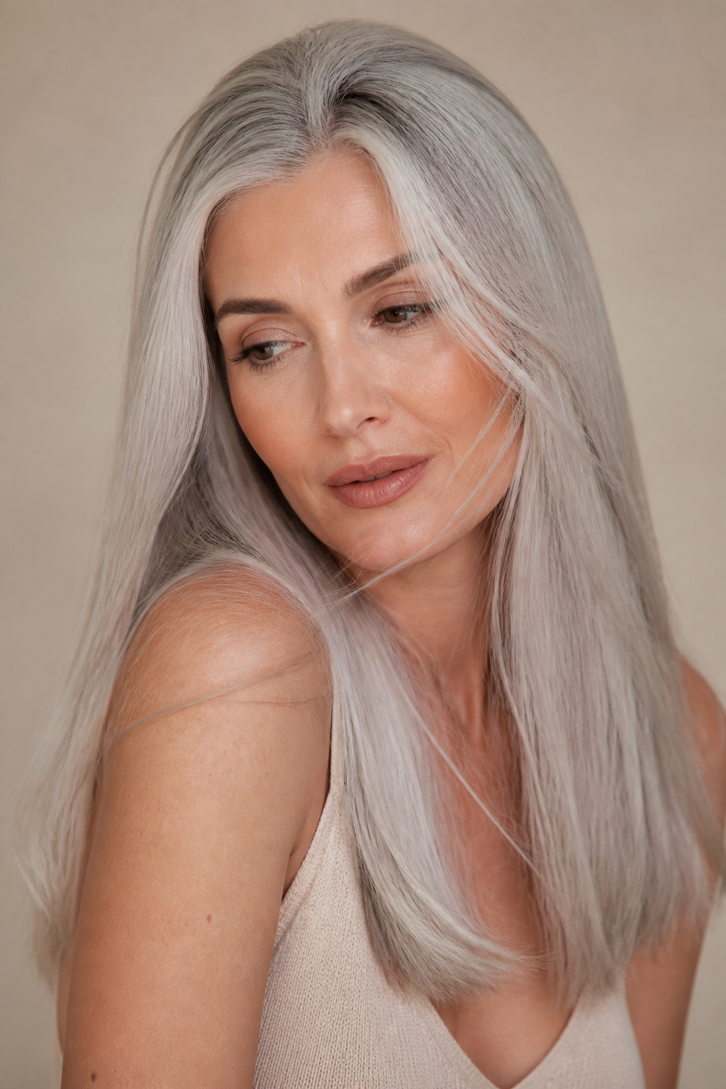 long silver straight hair looks — waist-length silver with soft layers
