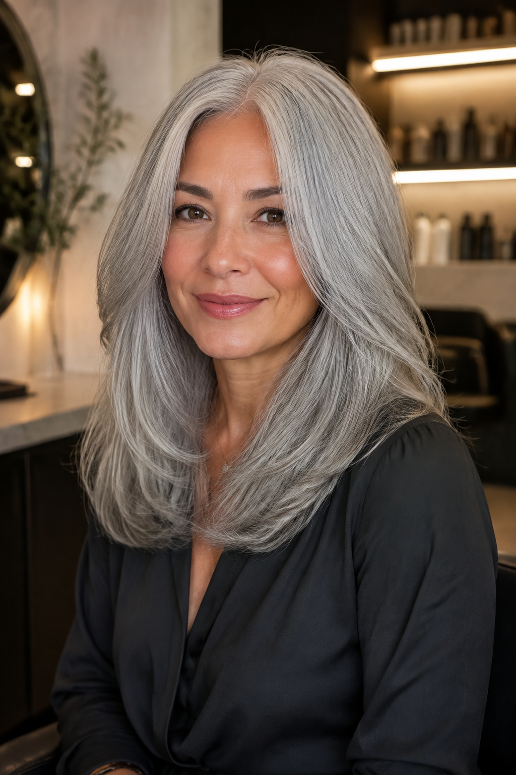 long silver straight hair looks — polished silver middle-part blowout