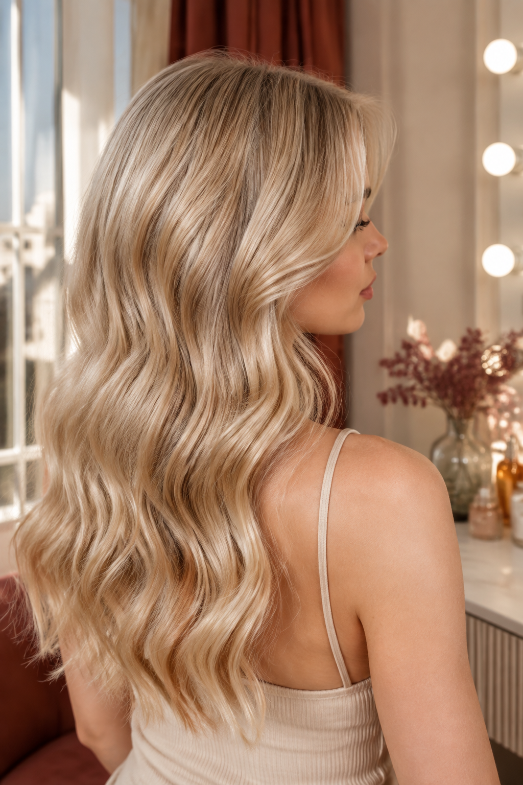 Champagne blonde waves with beige lowlights