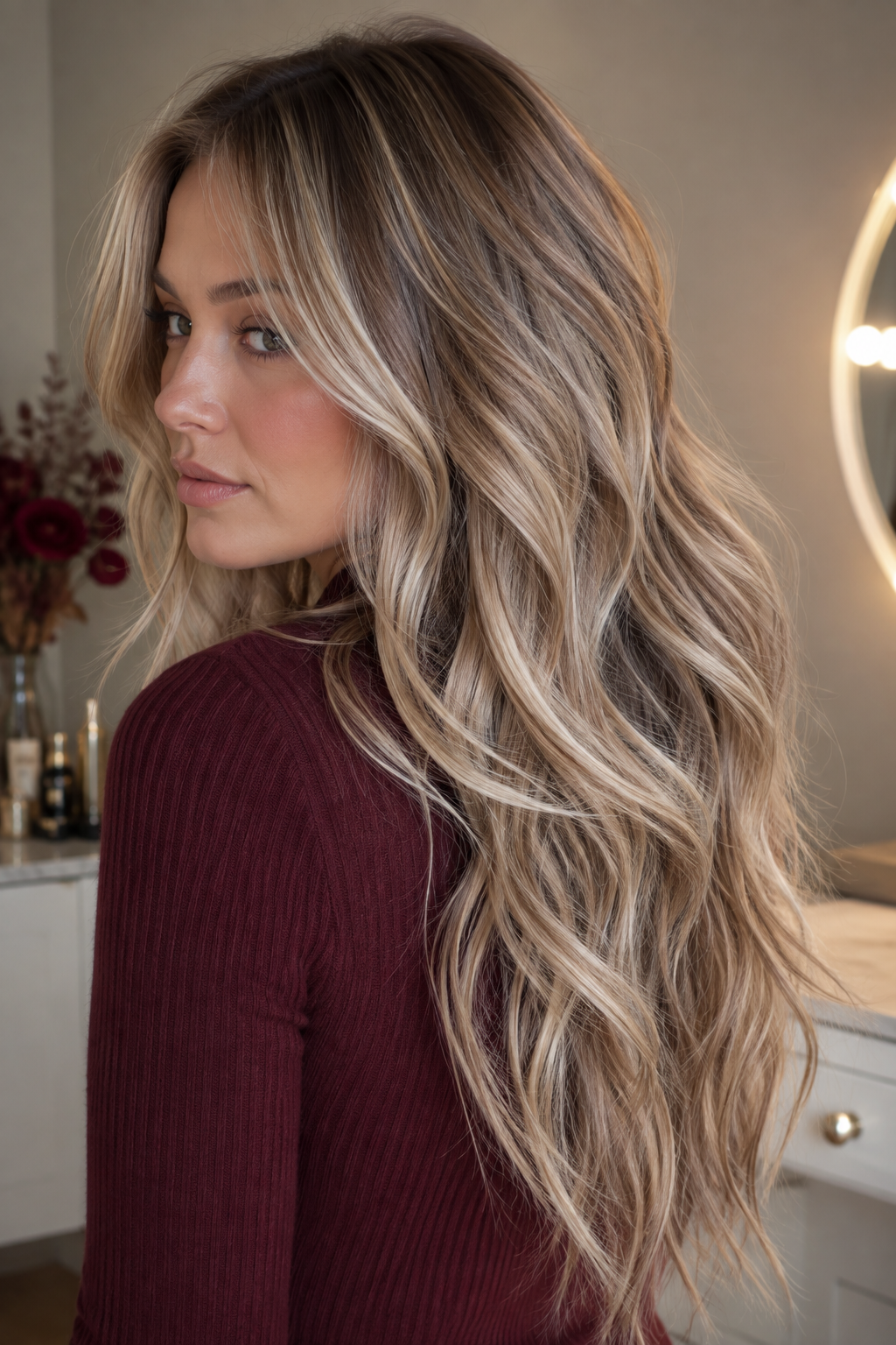 Ash blonde with cool mocha lowlights