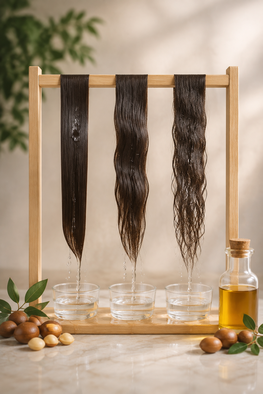 macadamia oil vs argan oil for hair: hair porosity comparison using clean strands and water droplets