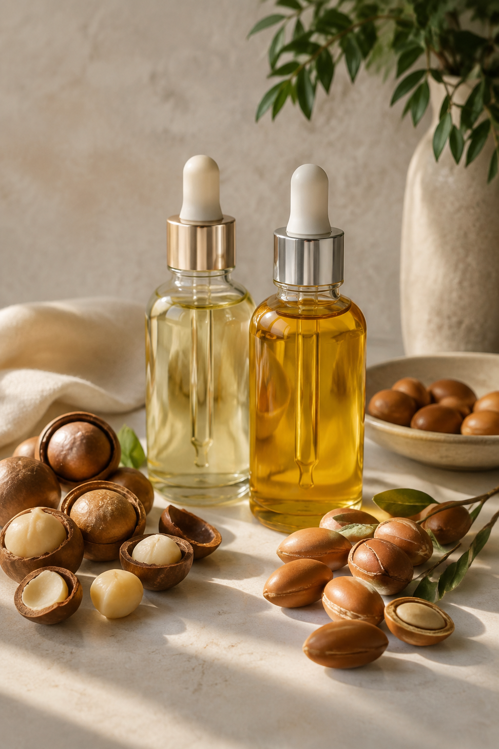 macadamia oil vs argan oil for hair: macadamia nuts and argan kernels beside two unlabeled hair-oil bottles