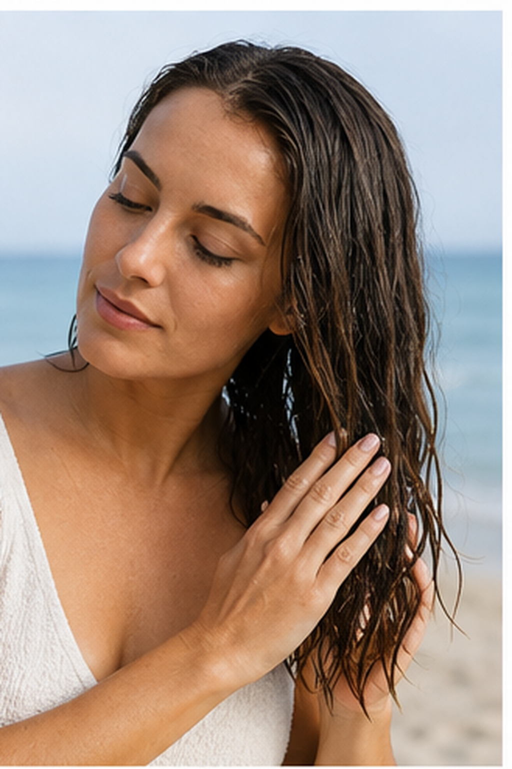 protect hair from salt water: leave-in conditioner applied to damp mid-lengths