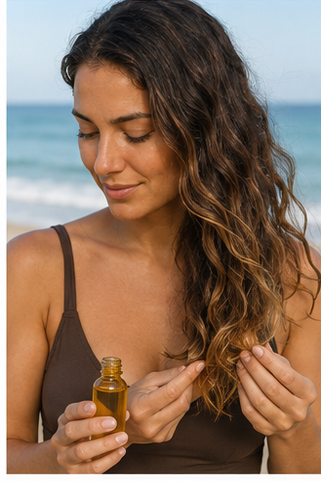protect hair from salt water: small amount of protective oil on hair ends