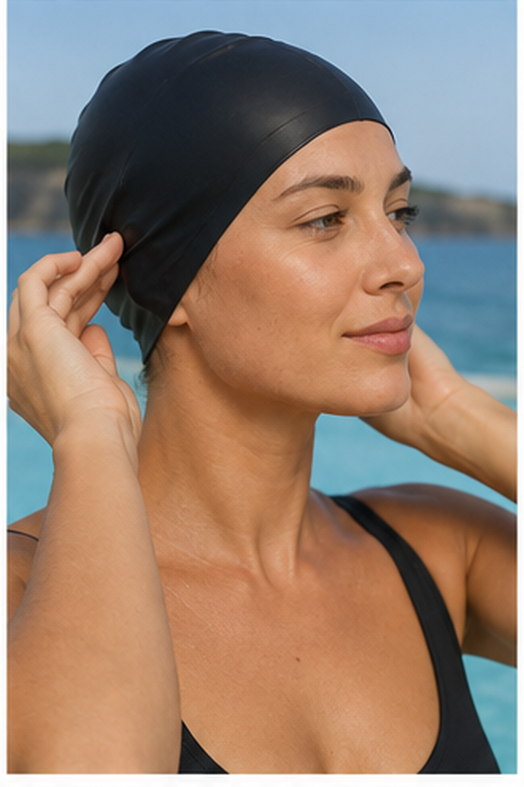 protect hair from salt water: well-fitting swim cap covering hair