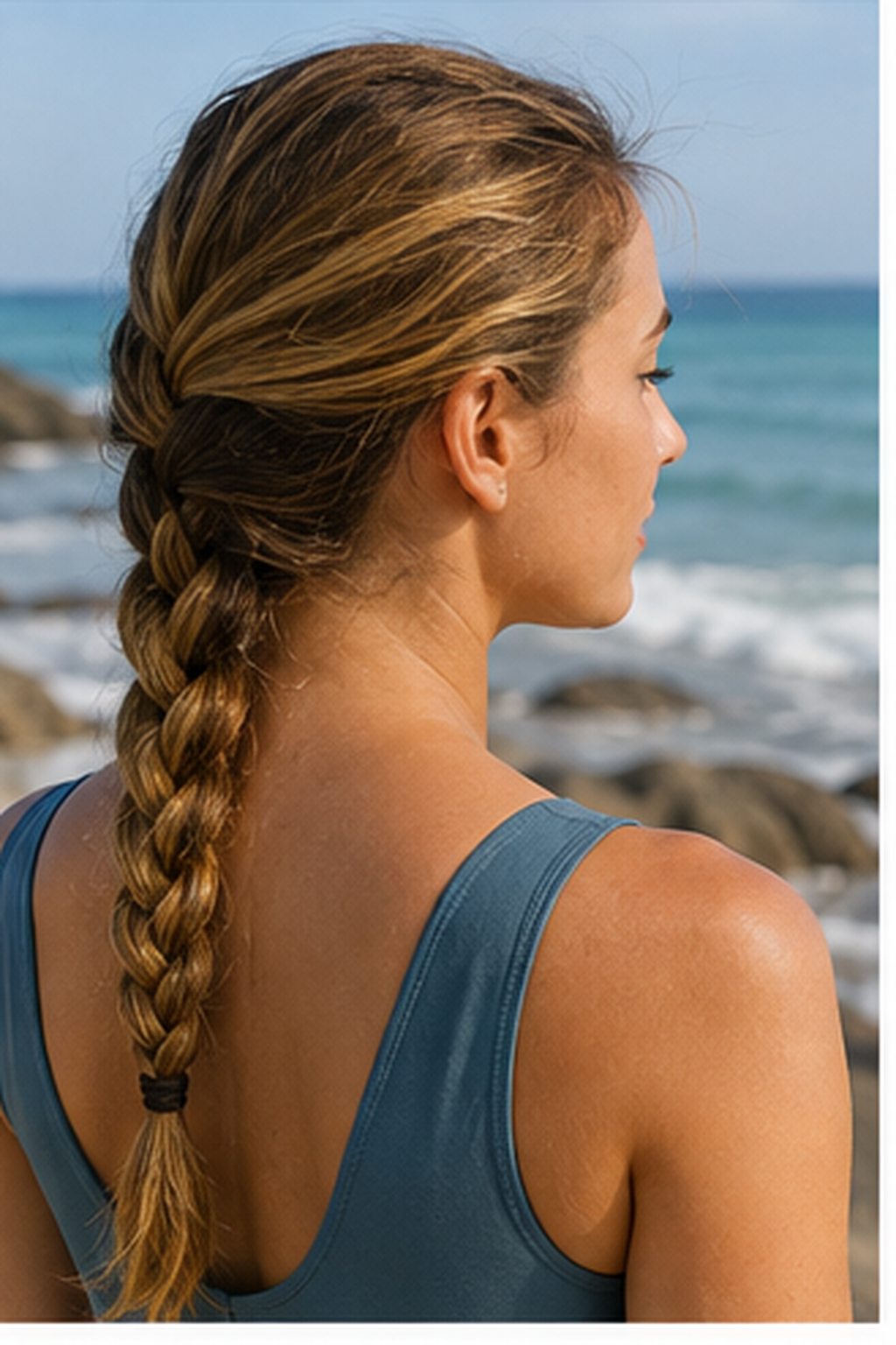 protect hair from salt water: loose braid reducing tangles before swimming