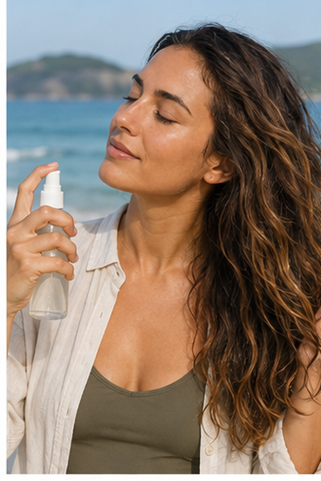 protect hair from salt water: UV-protection hair mist used at the beach