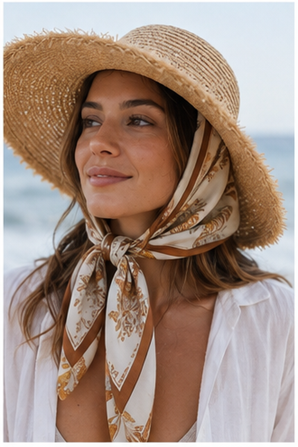 protect hair from salt water: silk scarf or sun hat covering hair