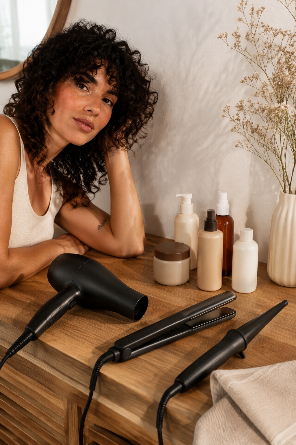 protect hair from salt water: heat tools set aside beside hydrated hair products