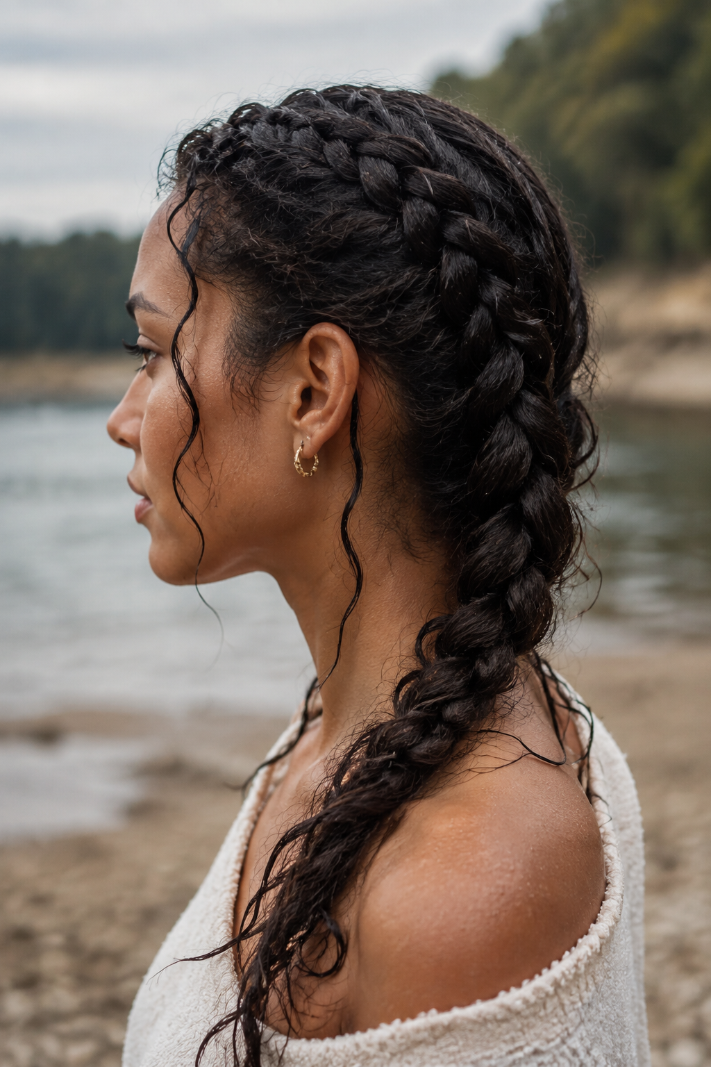 protect hair from salt water: protective loose beach braid after a freshwater rinse