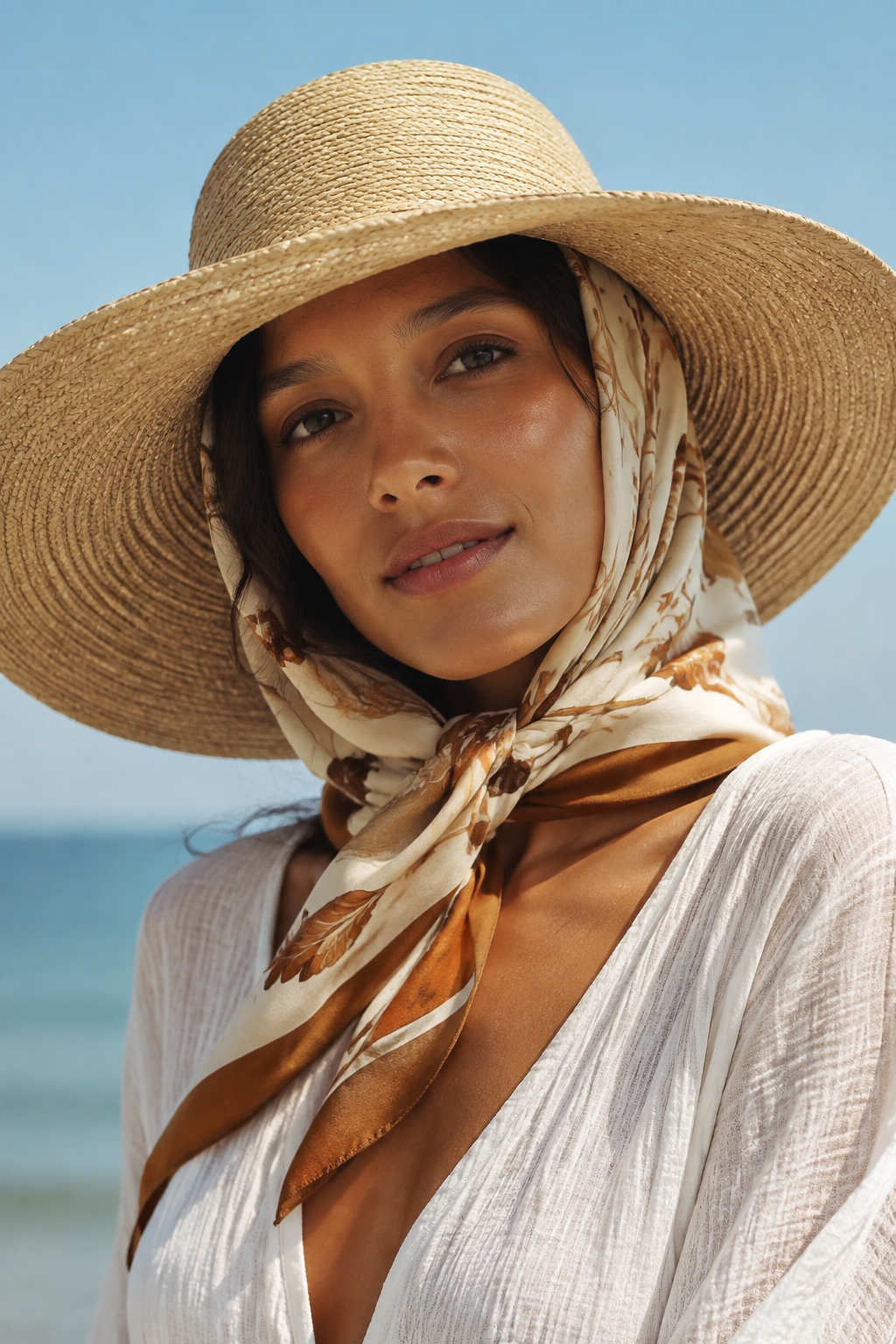 protect hair from salt water: silk hair scarf and wide-brim hat for beach protection
