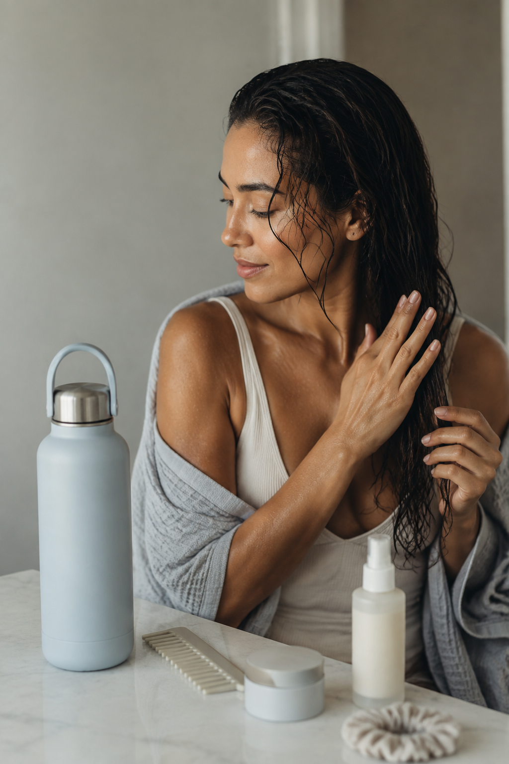 protect hair from salt water: refillable water bottle and gentle hair-care essentials after swimming