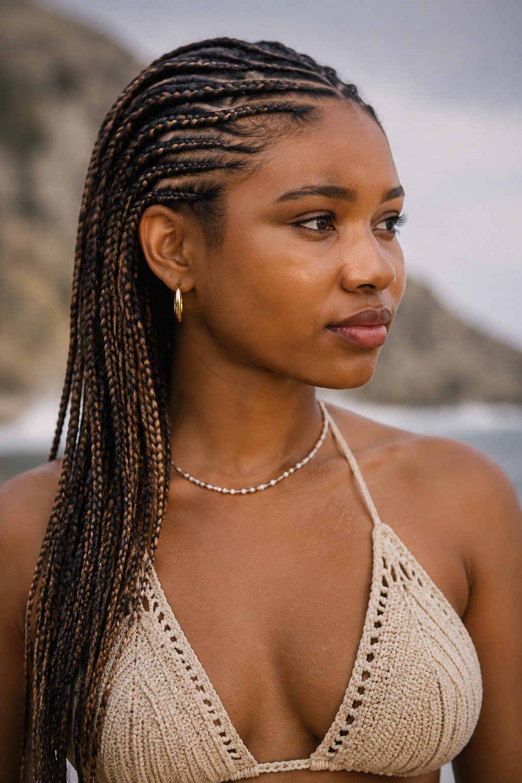 protect hair from salt water: healthy braided beach hair before swimming