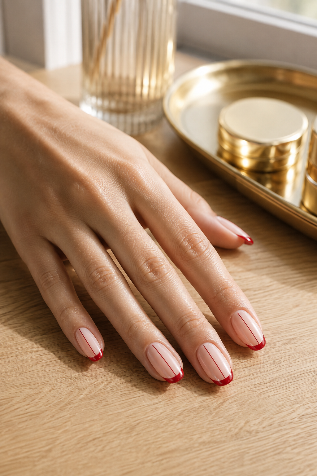Red nail designs with stripes and matching French tips