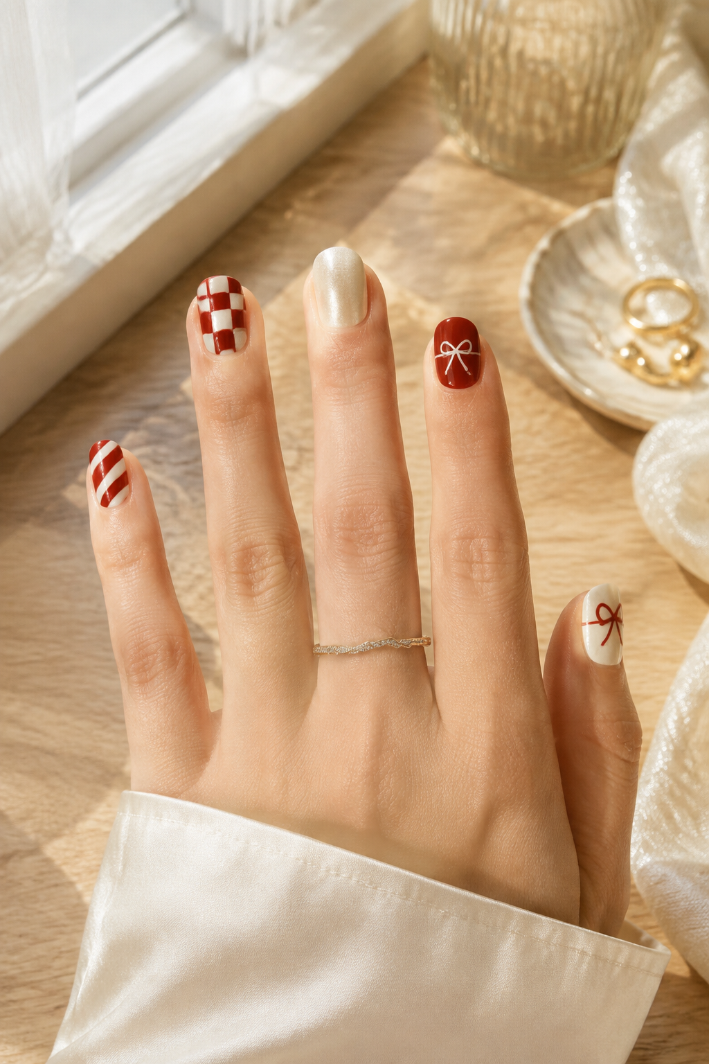 Festive red and white manicure with mixed holiday details