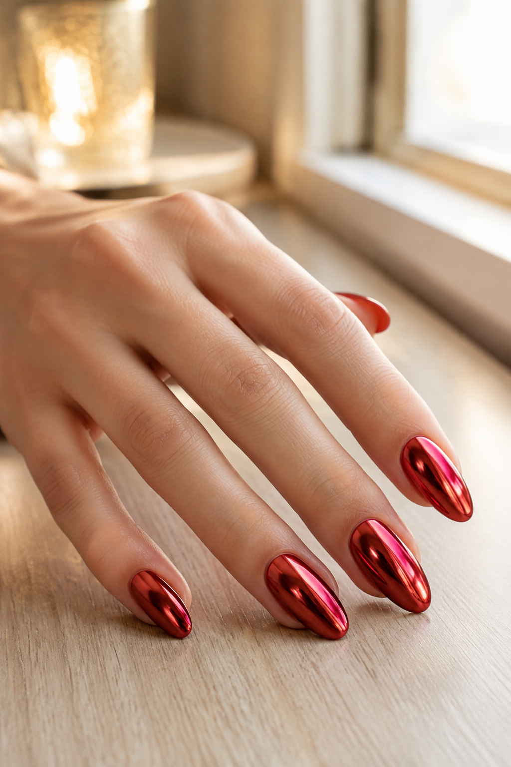 Highly reflective mirror-chrome red manicure