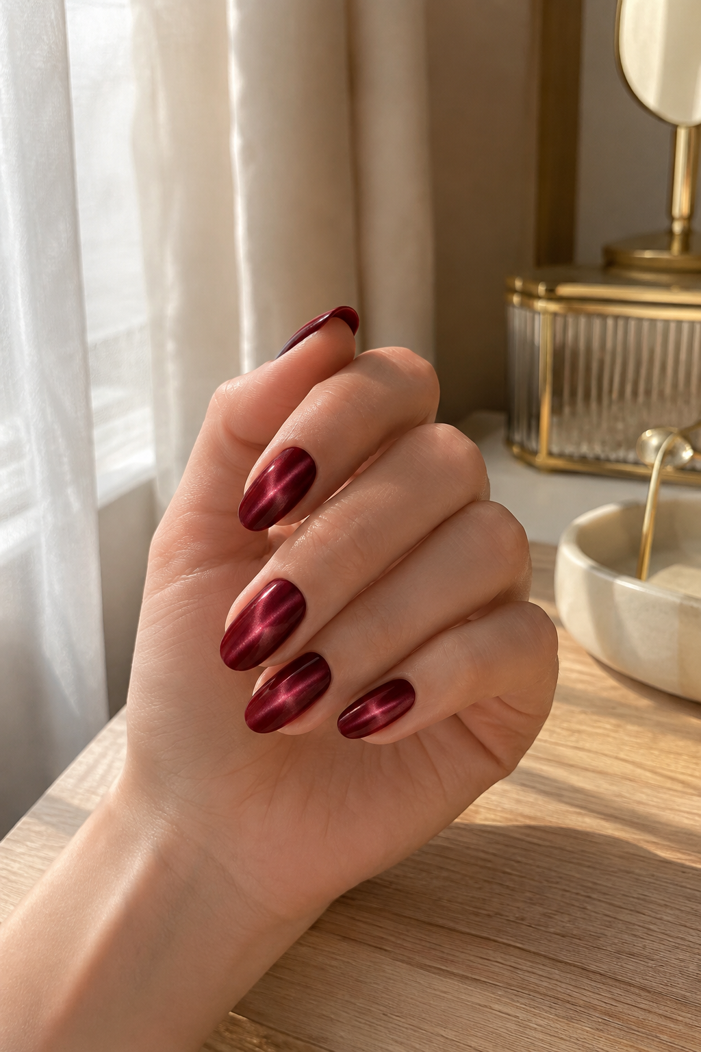 Deep ruby magnetic cat-eye manicure