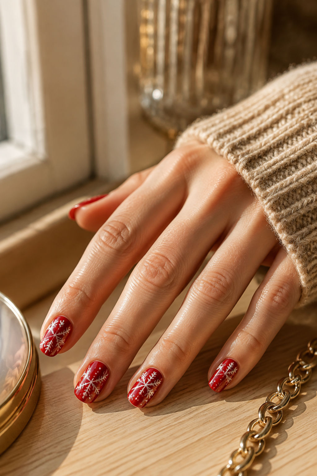 Glossy red nails with fine white snowflakes