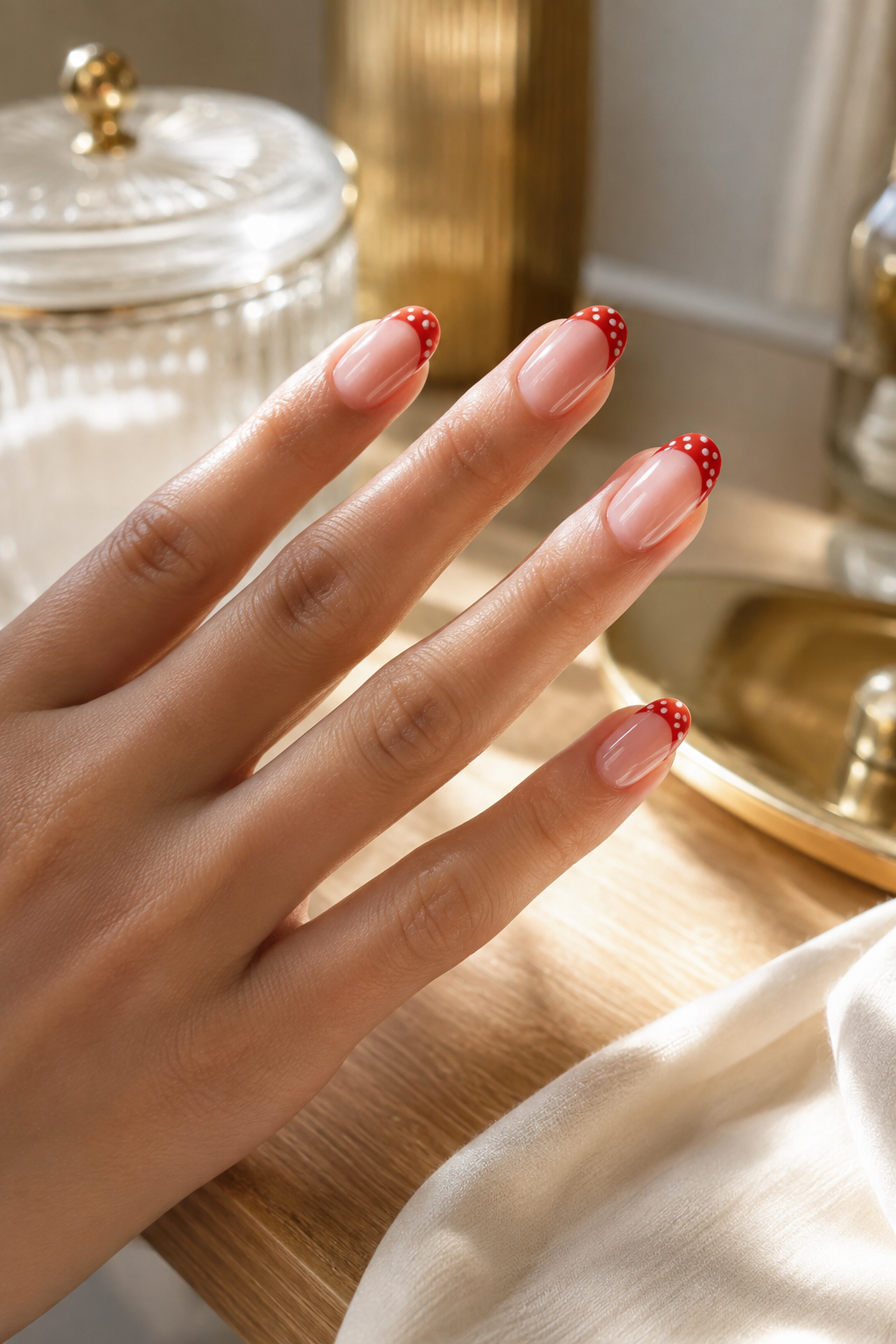 Red French tips decorated with white polka dots