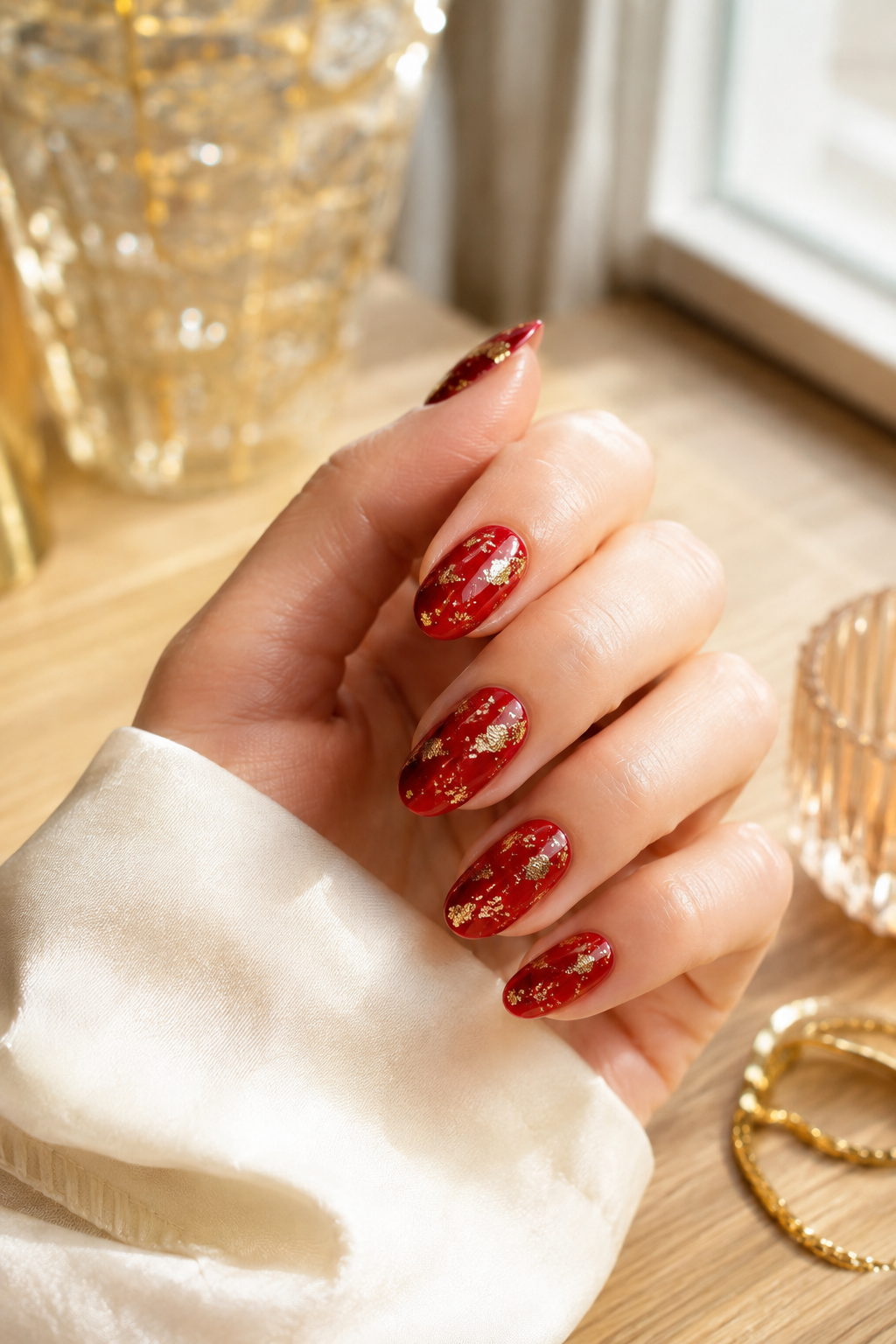Sparkling red manicure with irregular gold flakes