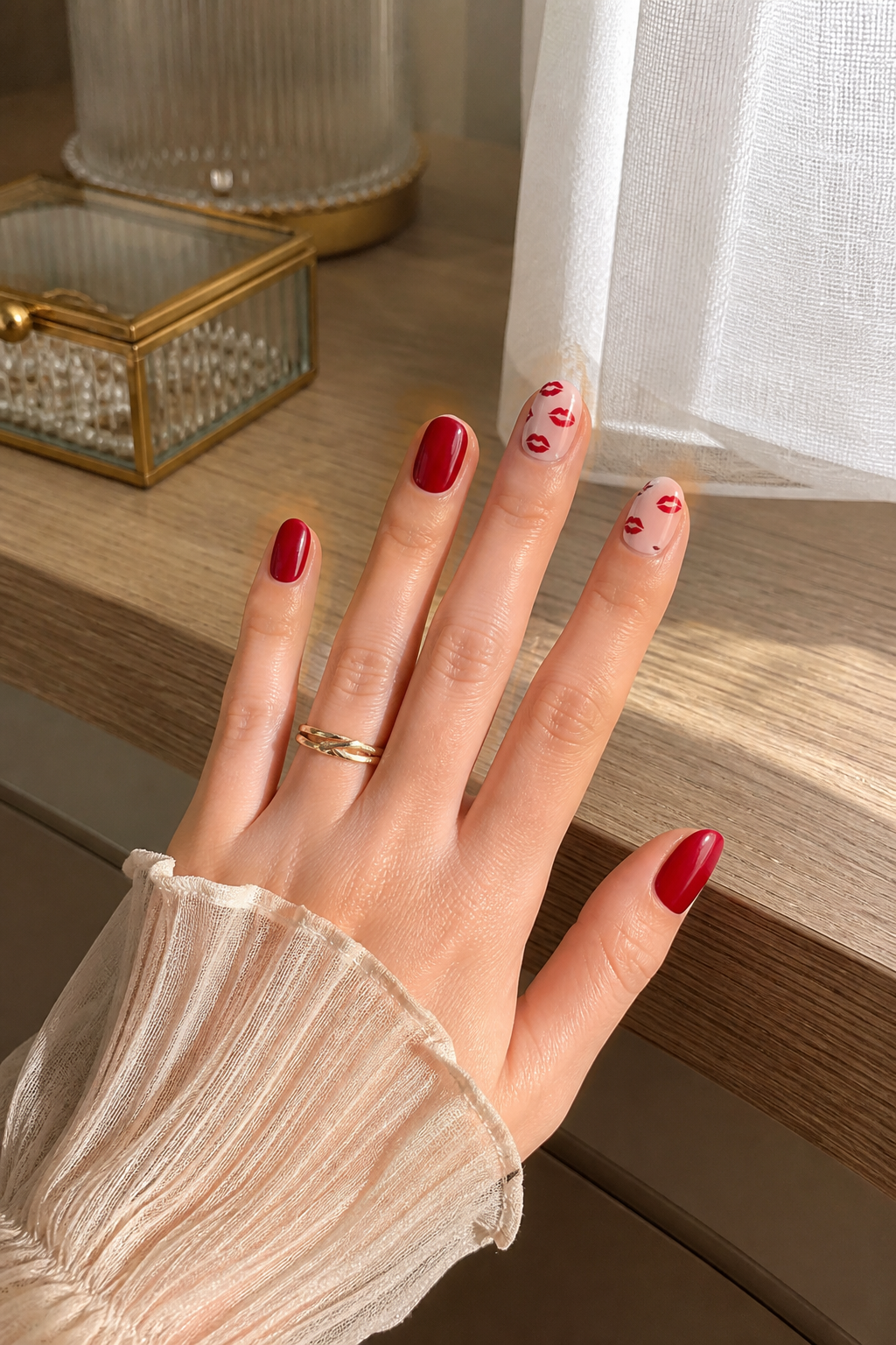 Red Valentine manicure with clean kiss-print accents