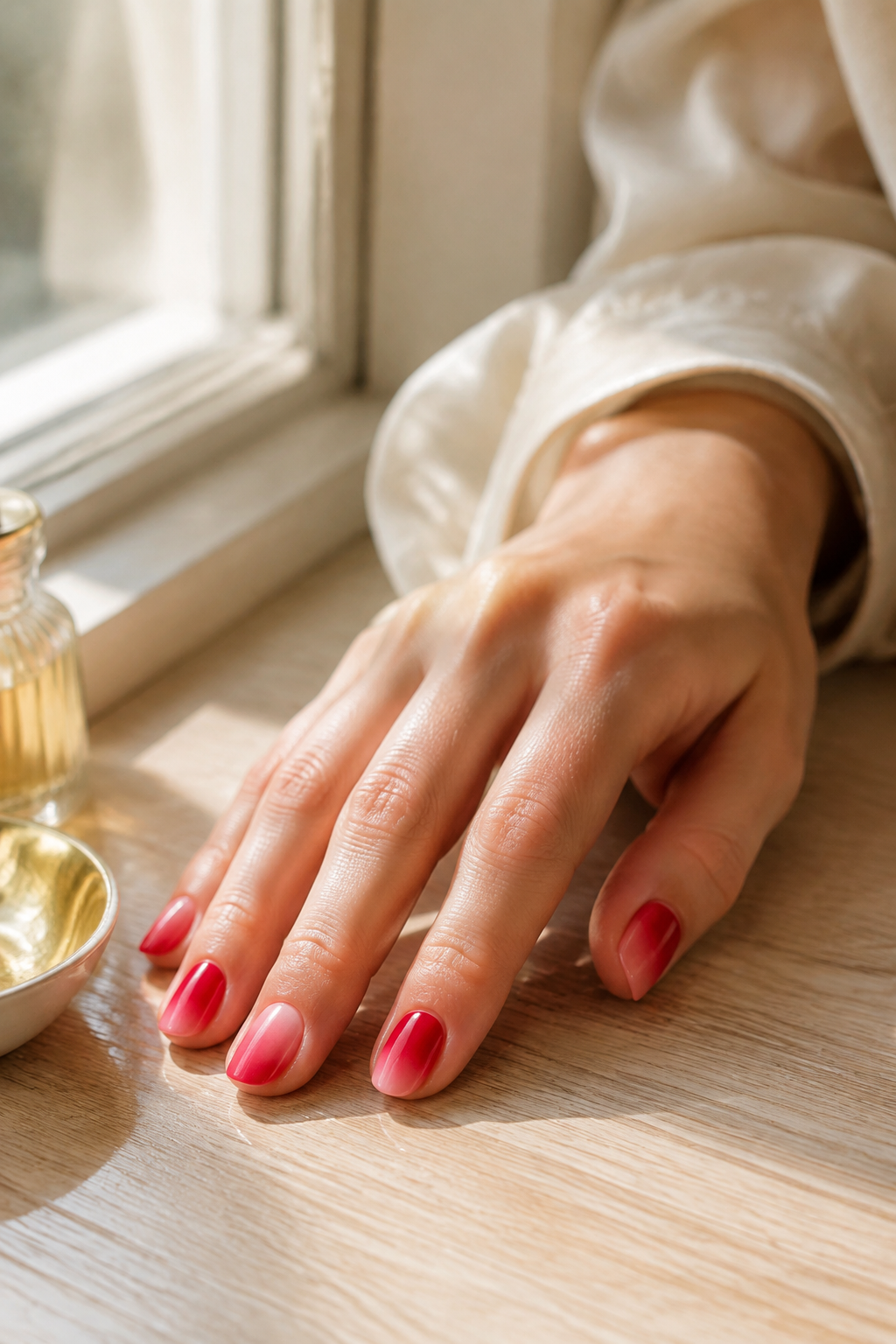Short rounded nails with a smooth red ombré