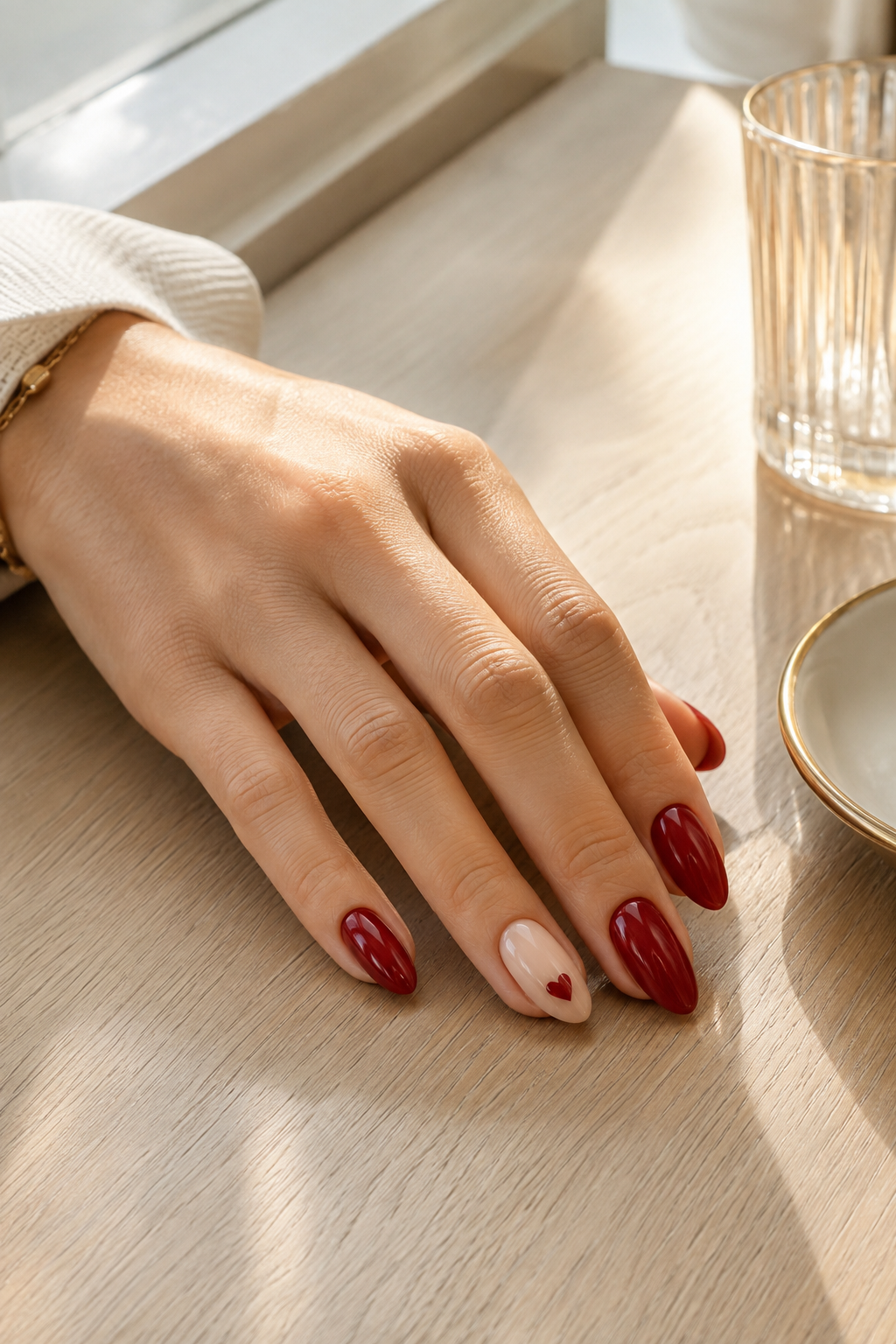 Deep glossy red manicure with a nude heart accent