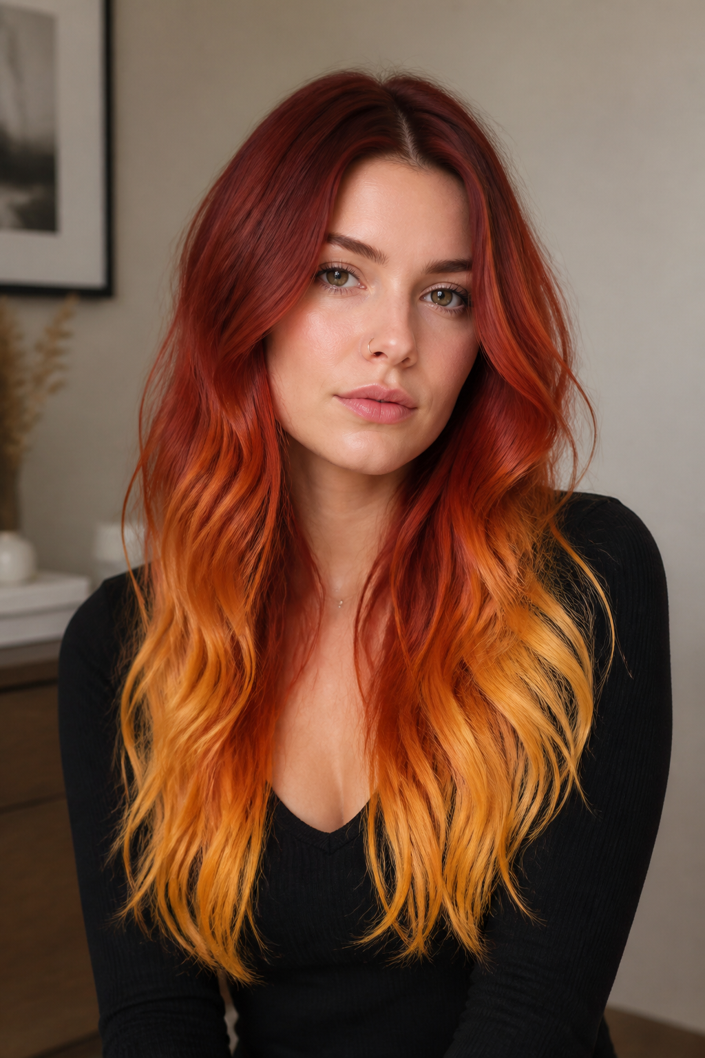 sombre hair vs ombre hair: red-to-golden-orange ombre with deliberate contrast