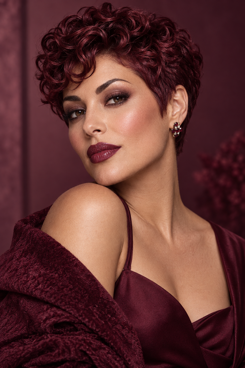 pixie hairstyles for Black women: deep burgundy pixie with defined curls
