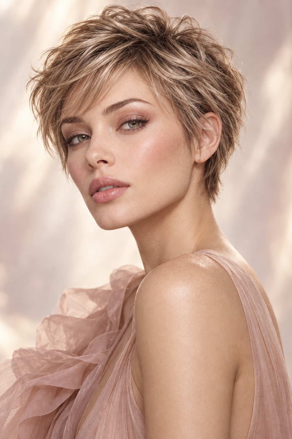 pixie hairstyles for Black women: layered pixie with soft feathered texture