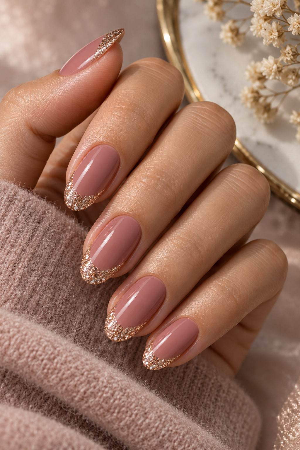 glitter tips dusty rose nail ideas