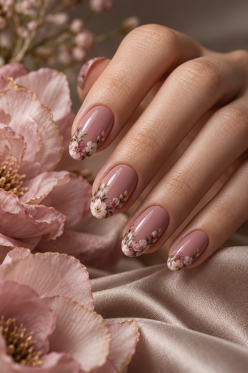 floral tips dusty rose nail ideas