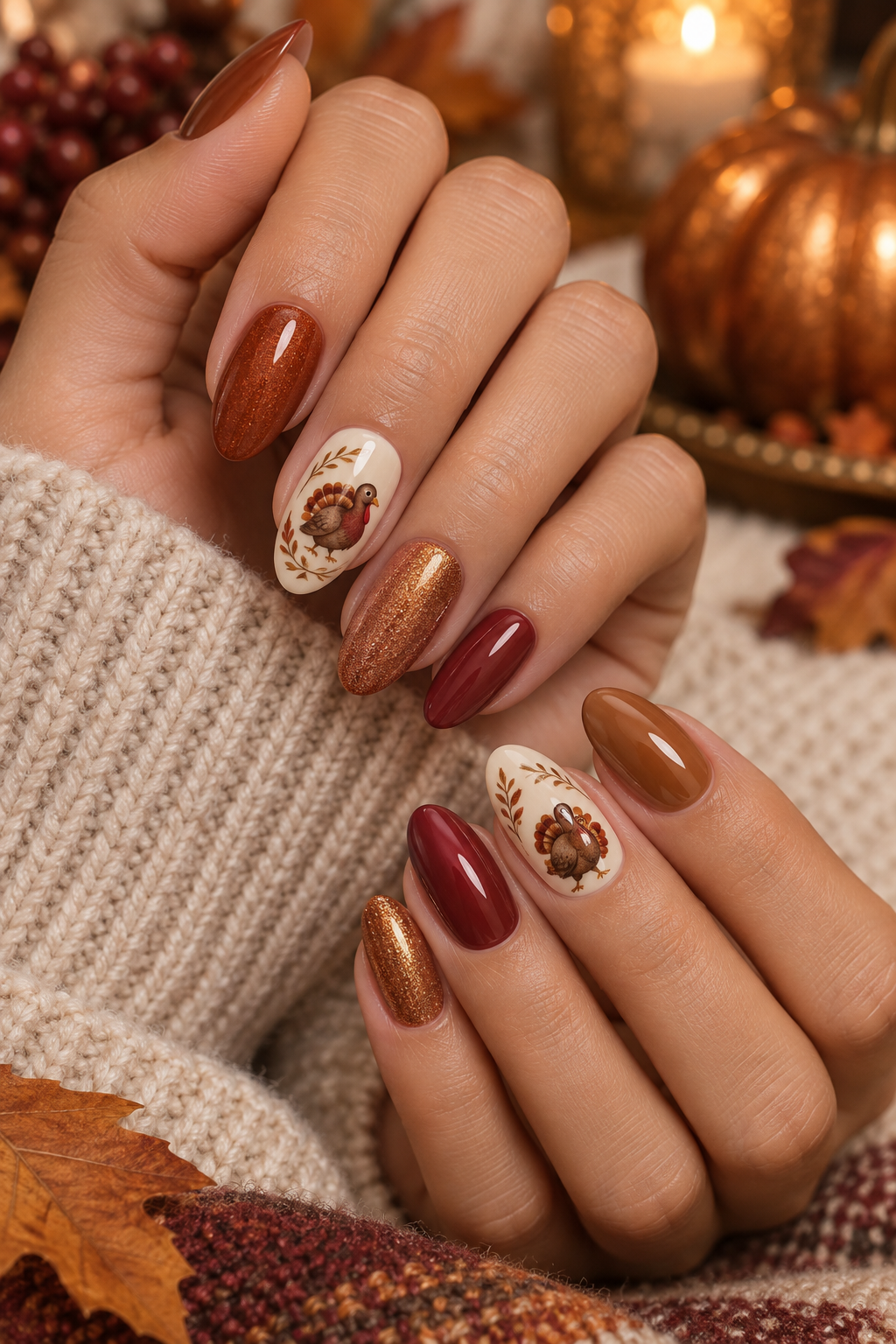 turkey nail designs: tiny turkey accents