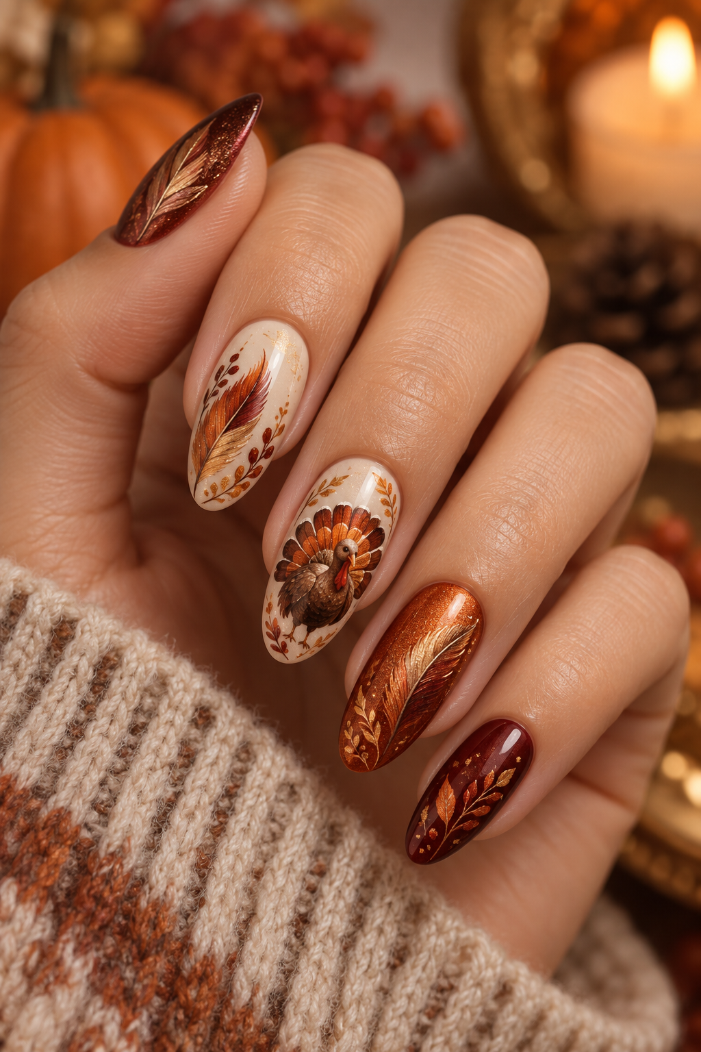 turkey nail designs: autumn feather details