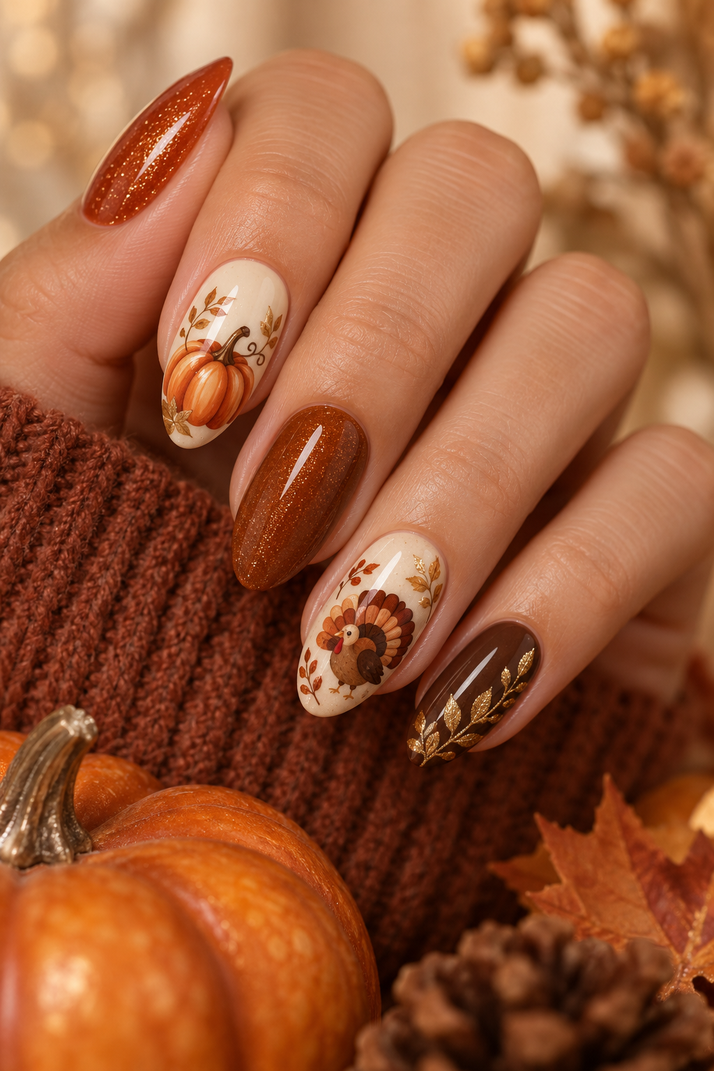 turkey nail designs: pumpkin and turkey mix