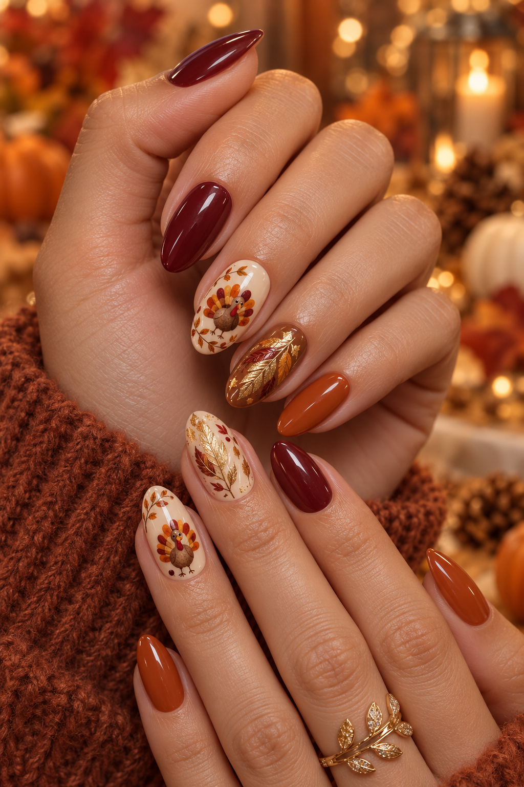 turkey nail designs: gold foil feathers
