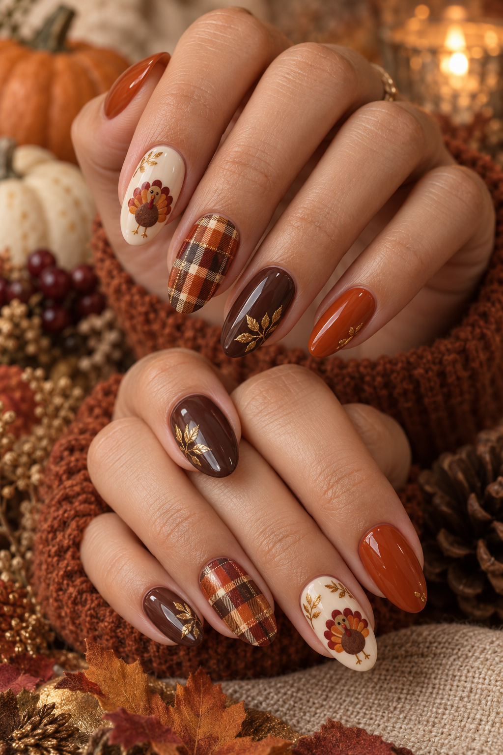 turkey nail designs: harvest plaid turkey nails