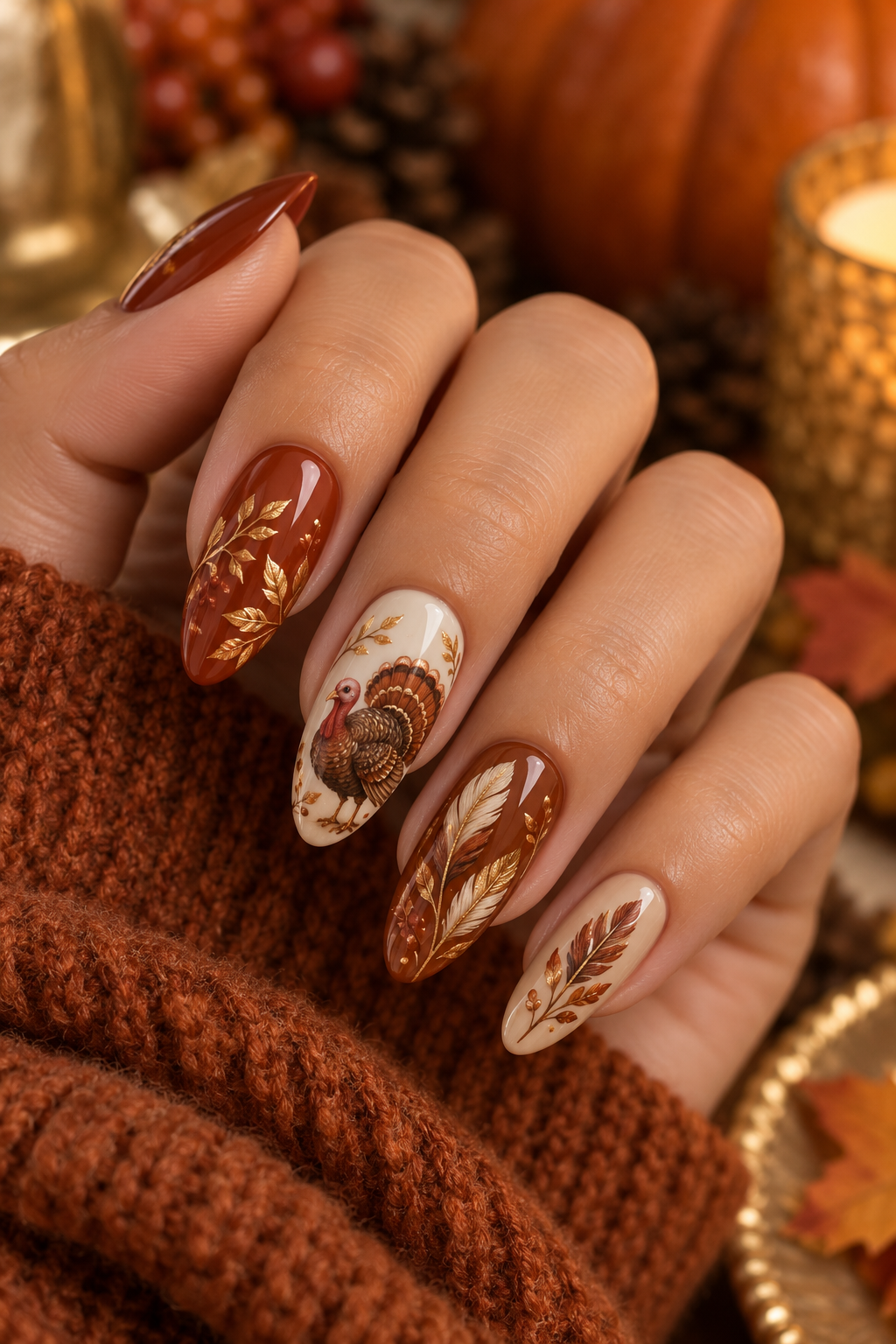 turkey nail designs: rust and cream turkey art